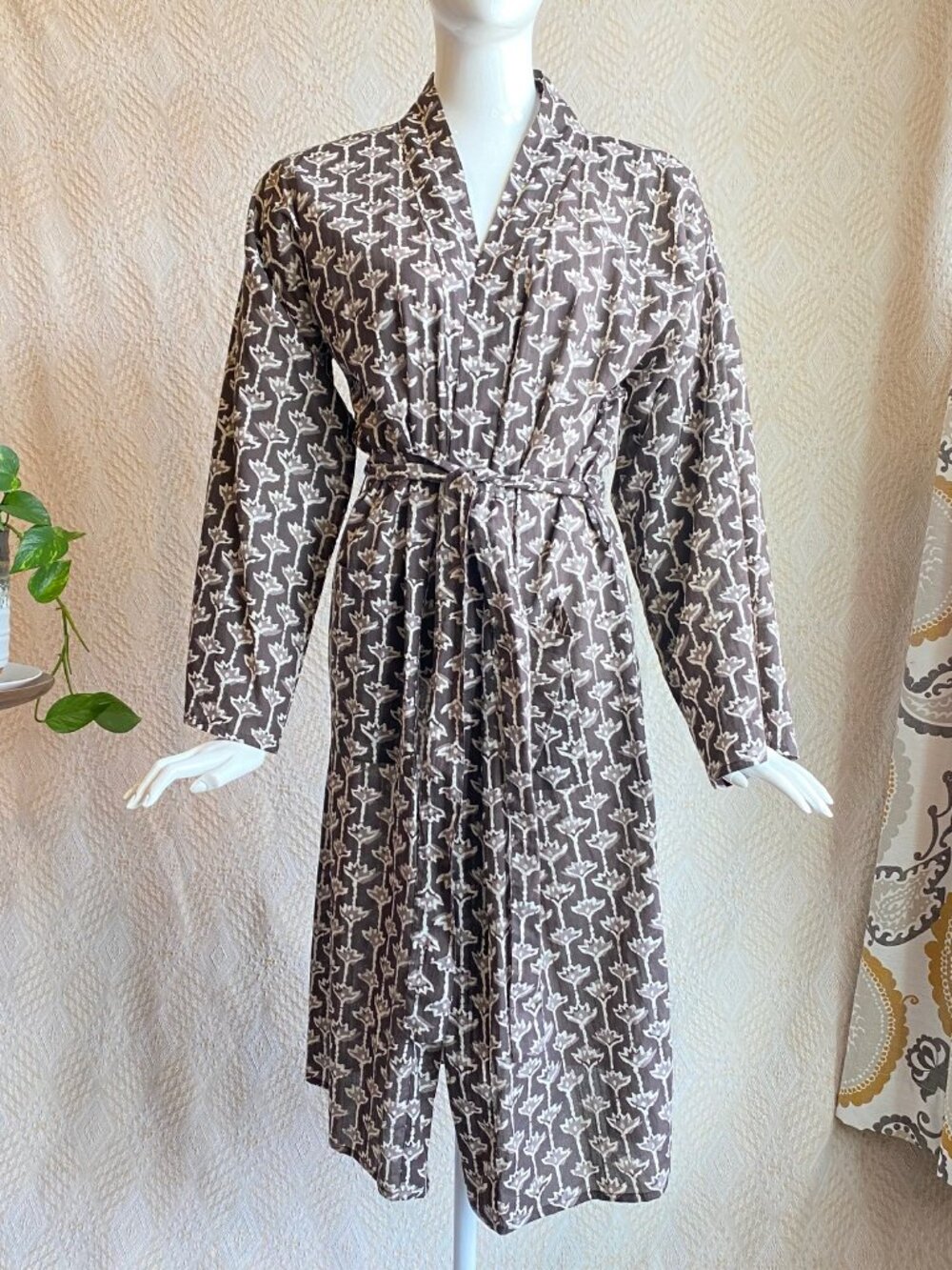 Batik Print Cotton Summer Robe Brown & White Beach Pool Robe Ethically Made
